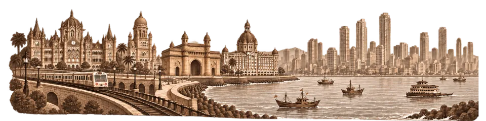 A decorative skyline motif featuring landmarks from Mumbai