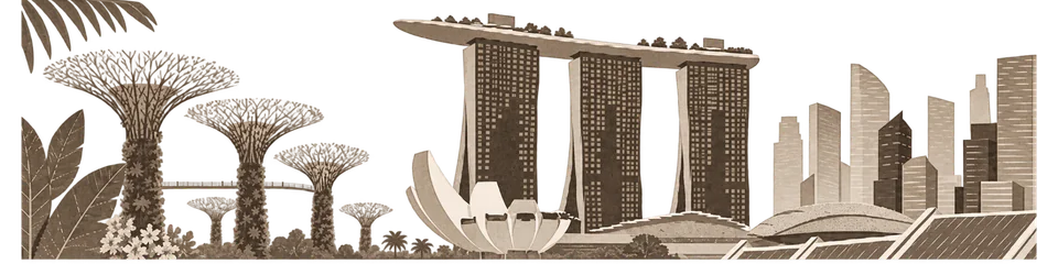 A decorative skyline motif featuring landmarks from Singapore